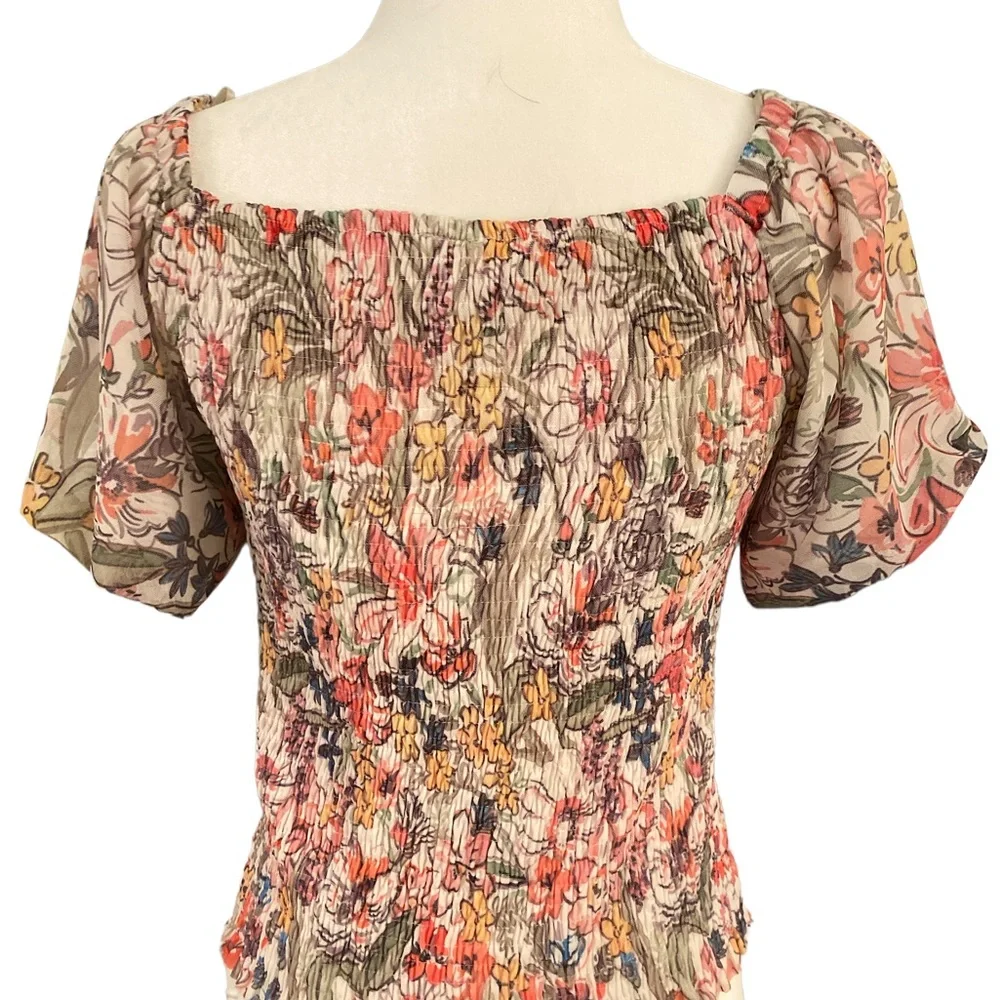Anthropologie Aurelia Smocked Floral Puff Sleeve Cropped Crinkle Top - S - Picture 8 of 14